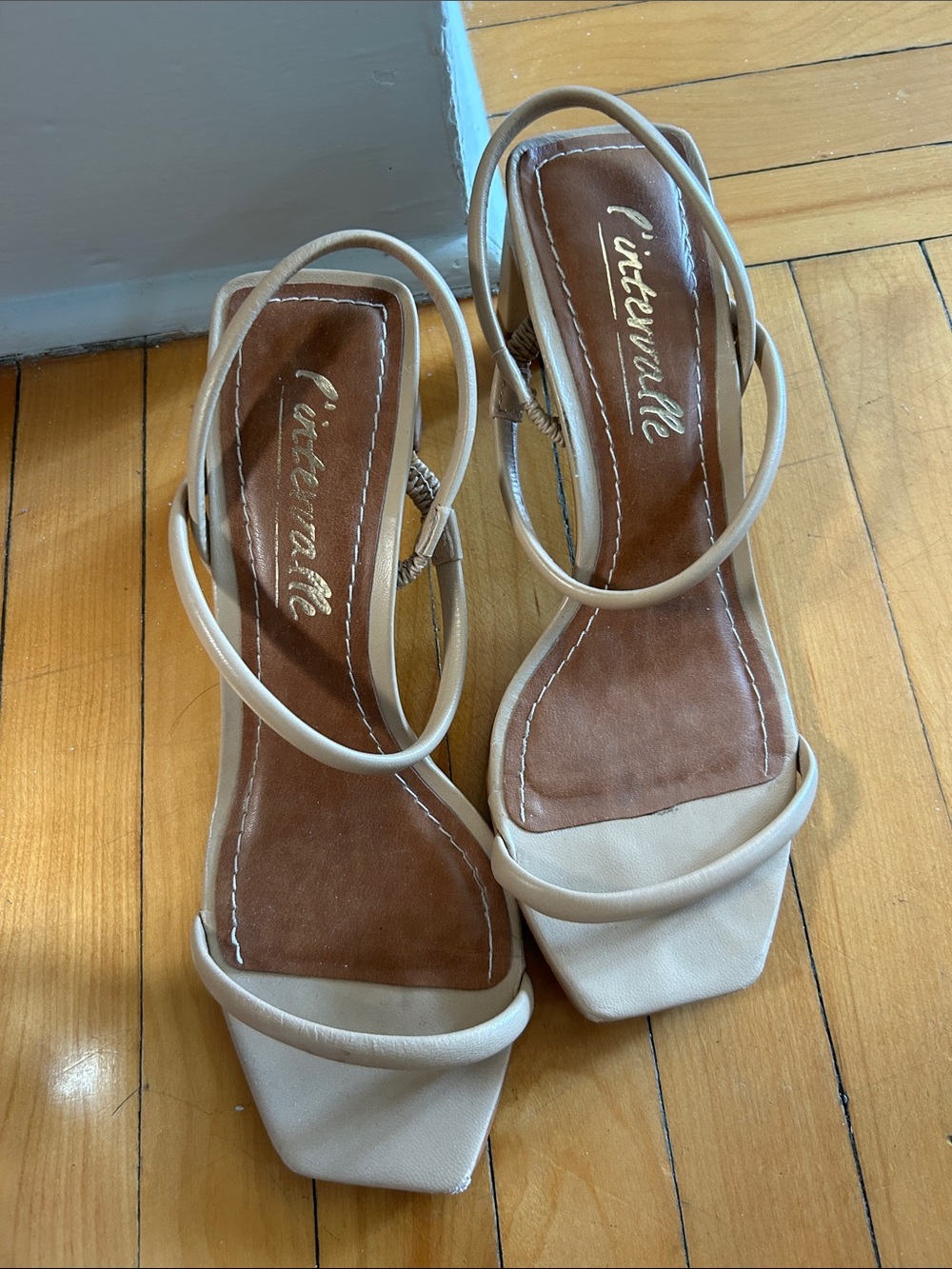 Vince Camuto Neutral Beige Strappy Square-Toe Heels